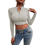 Knit Zipper Slim Long Sleeve Short T-shirt