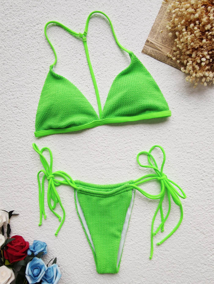 Green Solid Color Sexy Two-piece Strappy Thongs Bikini Swimsuit