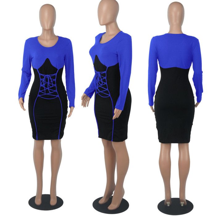 Spring Sexy Contrast Black Round Neck Bandage Long Sleeve Bodycon Dress