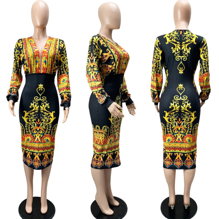 Spring Print Ethic Deep-V Puff Sleeve Elegant Midi Dress