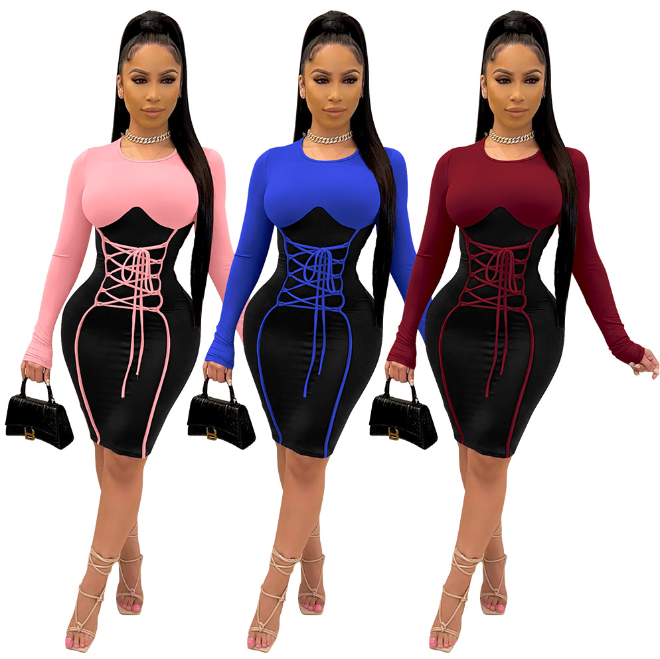 Spring Sexy Contrast Black Round Neck Bandage Long Sleeve Bodycon Dress