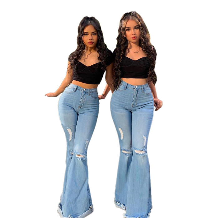 High Waist Blue Ripped Flare Jeans