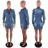 Button Up Sexy Ripped Blue Denim Mini Dress 