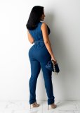 Button Up Ripped Sleeveless Denim Jumpsuit with Belt