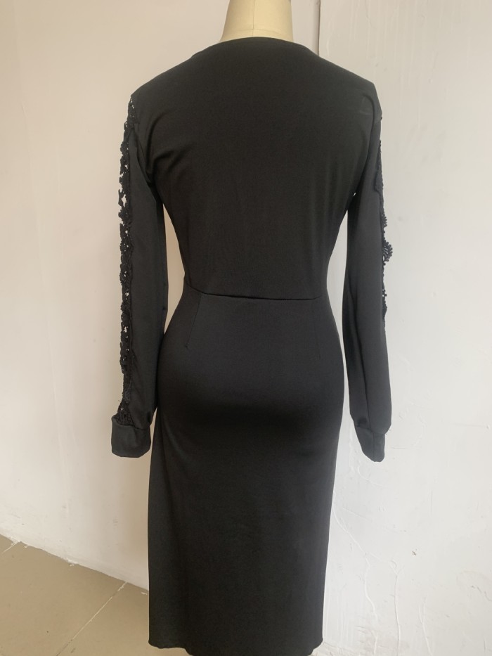 Sexy Black Lace V Neck Collar Long Sleeve Midi Dress 