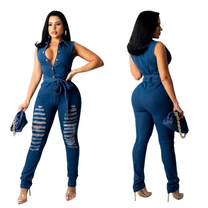Button Up Ripped Sleeveless Denim Jumpsuit with Belt