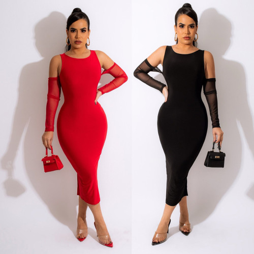 Solid Mesh Sleeve Panel Off Shoulder Sexy Split Dress