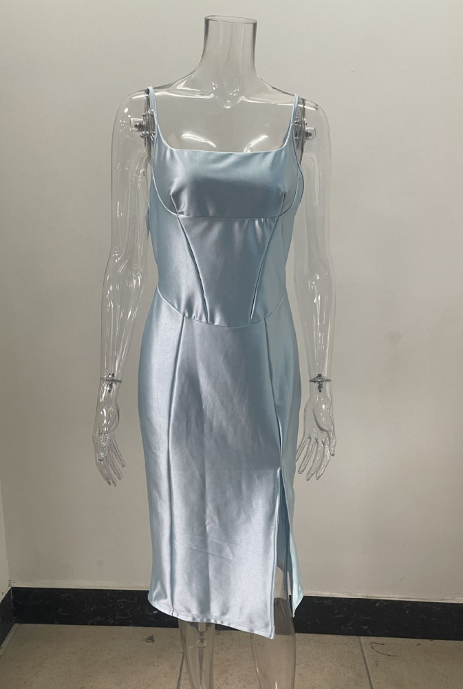Solid Color U-neck Hem Split Strap Dress