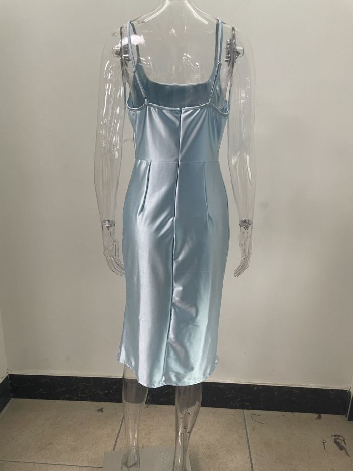 Solid Color U-neck Hem Split Strap Dress