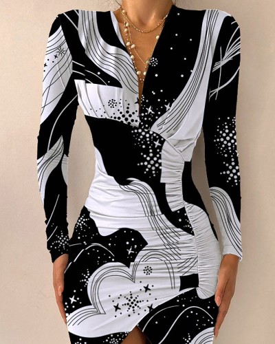 Long Sleeve V-neck Print Tight Split Dress