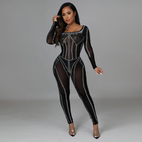 Sexy Rhinestone Beaded square Neck Sheer Mesh Long Sleeve Slim Fit Jumpsuit with Choker