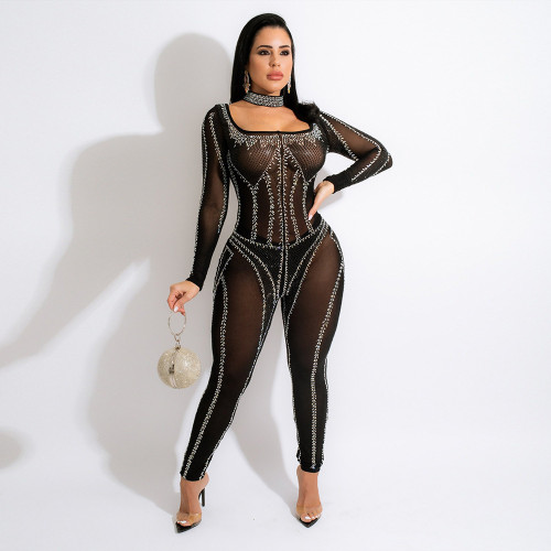 Sexy Rhinestone Beaded square Neck Sheer Mesh Long Sleeve Slim Fit Jumpsuit with Choker