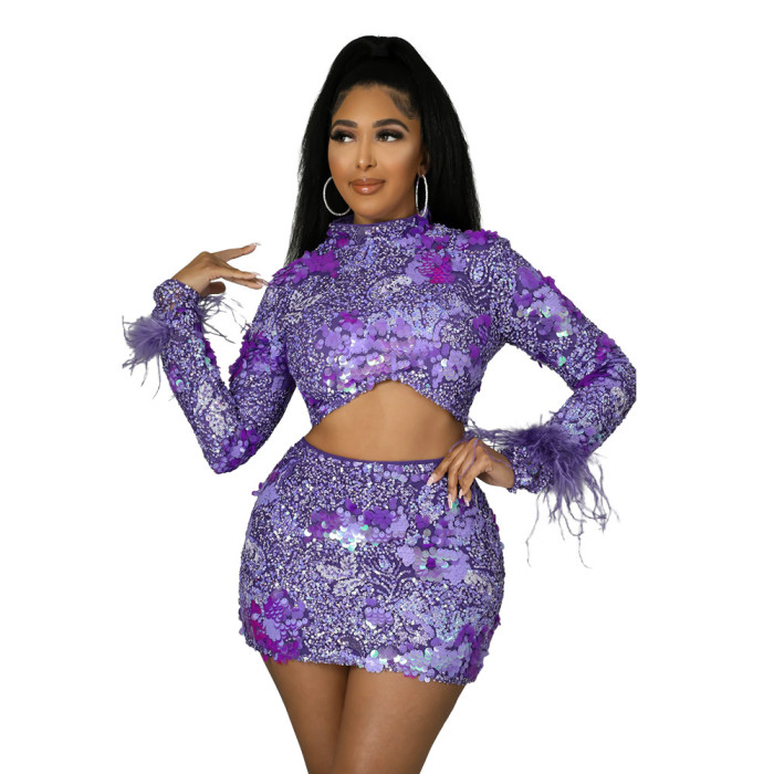 Spring Purple Sequins Crop Top and Mini Skirt Two Piece Set
