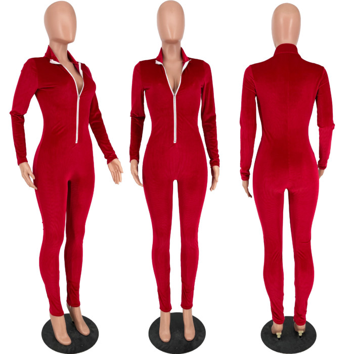 Women Velvet zipper jumpsuit
