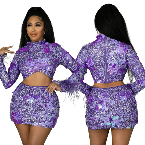 Spring Purple Sequins Crop Top and Mini Skirt Two Piece Set