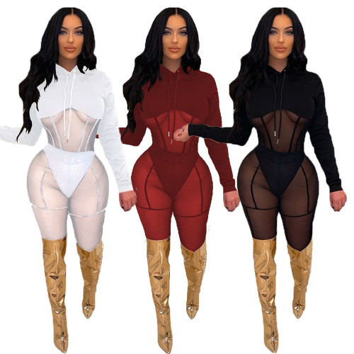 See Through Mesh Long Sleeve With Hood Top And Pant Wholesale Two Piece Clothing