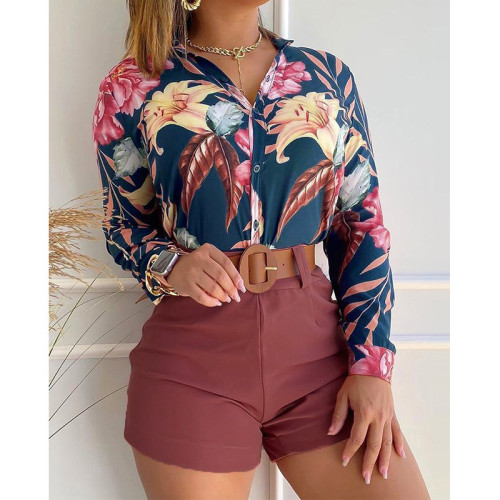 Floral Print Blouse And Shorts Suit