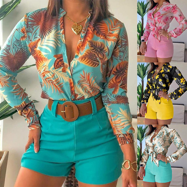 Floral Print Blouse And Shorts Suit