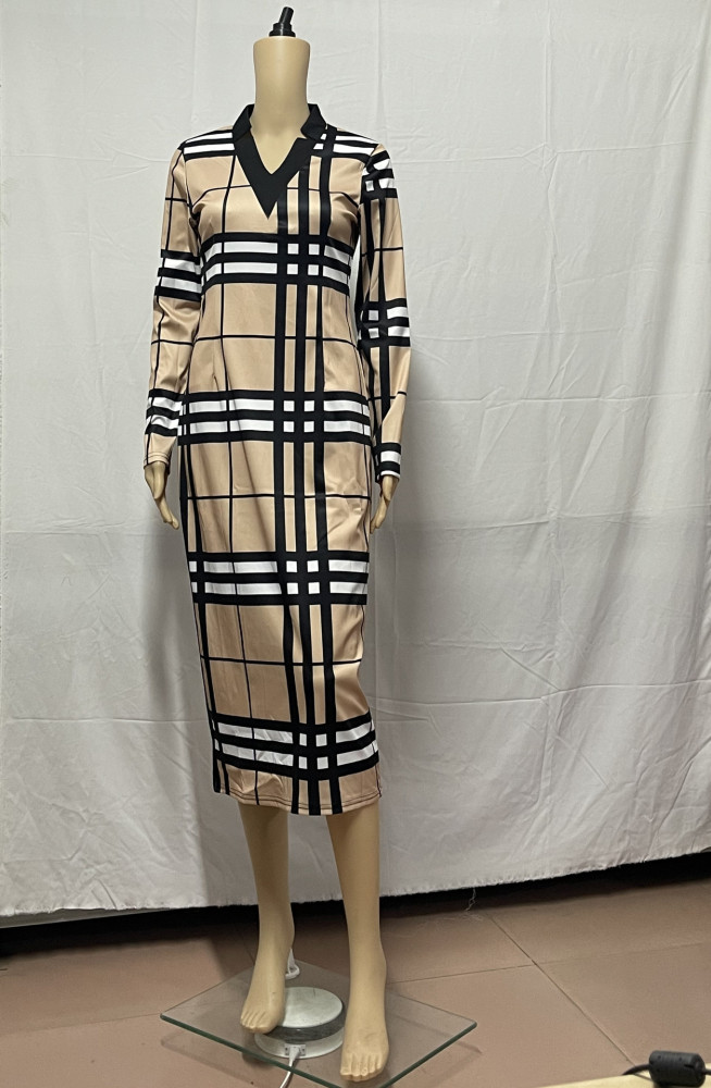 Printed Plaid Long Sleeve V-neck High Waist Dress (with belt)