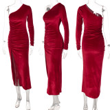 One Shoulder Long Sleeve Slim Pleated Split Dress