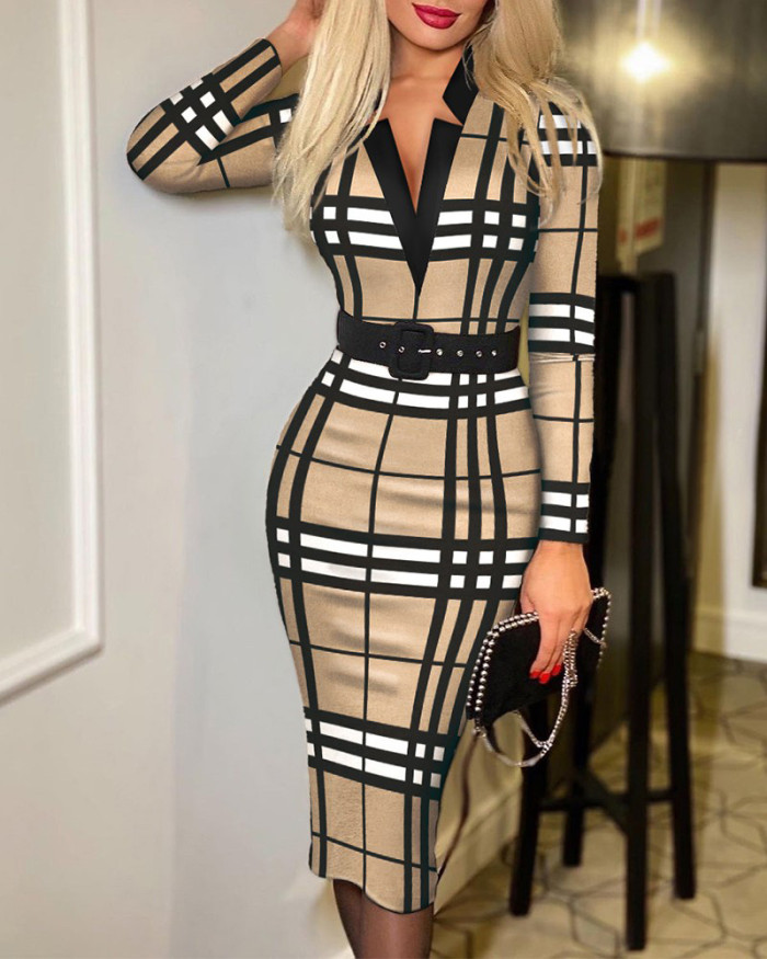 Printed Plaid Long Sleeve V-neck High Waist Dress (with belt)