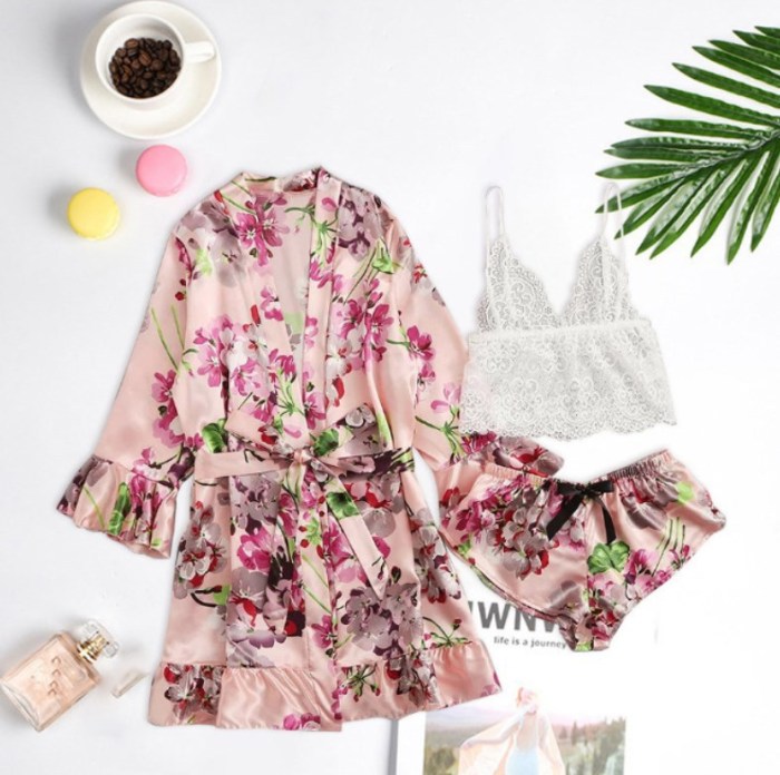 IHOOV Women's 3 piece Floral Print Satin Pajama Outfits Sleepwear Set