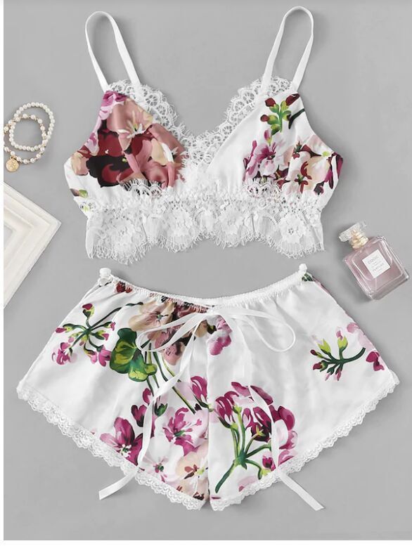 Casual Stain Printed Sling Short Lace Pajama Set