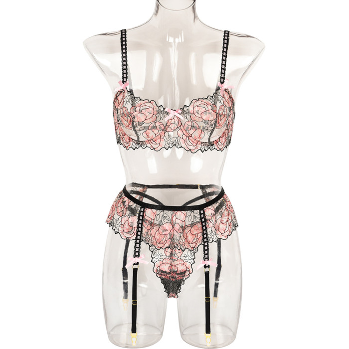 Interesting 3 Piece Petal Embroidery Suspender Bow Underwear