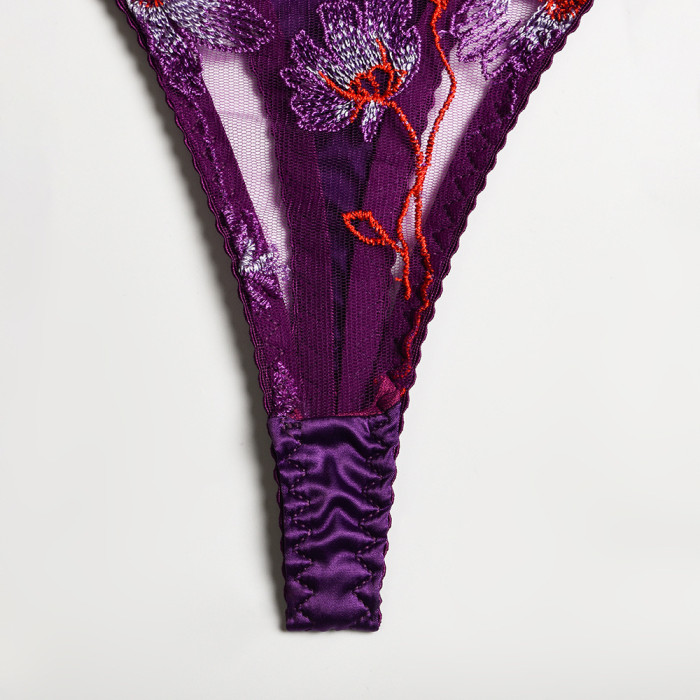 3-Piece Lace Bra Set Women Floral Embroidery Bra + Panty Underwear Set Patchwork Sexy Lingerie Set