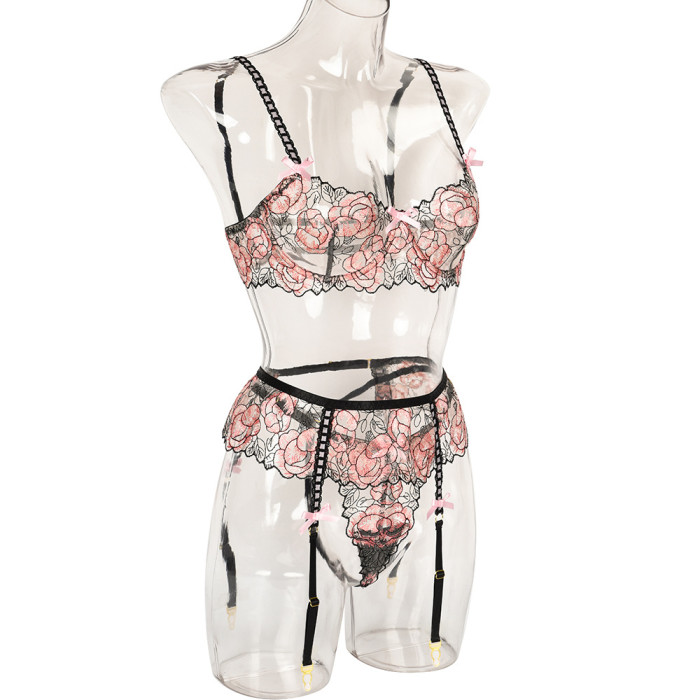 Interesting 3 Piece Petal Embroidery Suspender Bow Underwear