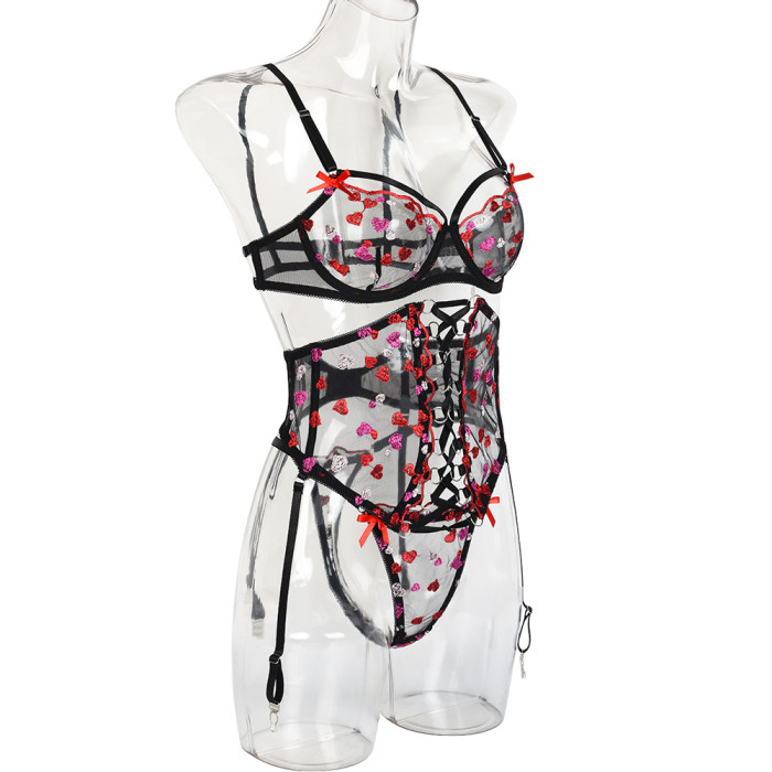 Bra Set Womens Lingerie Panty with Garter Belt Heart Lace Mesh Sheer Waist Seal Three Piece Set