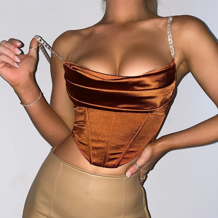 Crystal Diamond Satin with Full Lined Sexy Club Wear Outfits Corset Tops