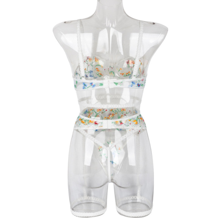3Pcs White Women's Sexy Lingerie Sets Applique Embroidered Hollow Transparent Underwear Garter Thong Gathered Bra Set