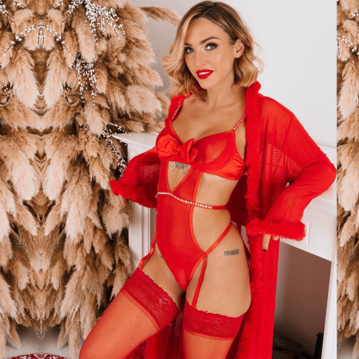 Women Rhinestone Christmas Red Erotic Lingerie Bowknot Hot Mesh Hollow Out  lingerie
