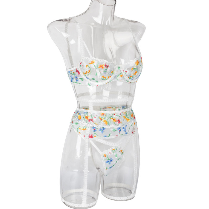 3Pcs White Women's Sexy Lingerie Sets Applique Embroidered Hollow Transparent Underwear Garter Thong Gathered Bra Set