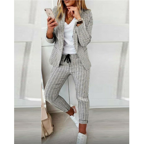 Plaid Casual Turndown Collar Professional Blazer and Pants Suit