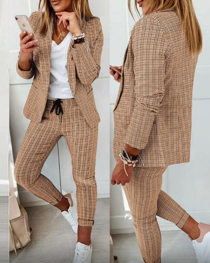 Plaid Casual Turndown Collar Professional Blazer and Pants Suit