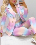 Printing Turndown Collar Professional Blazer and Pants Suit