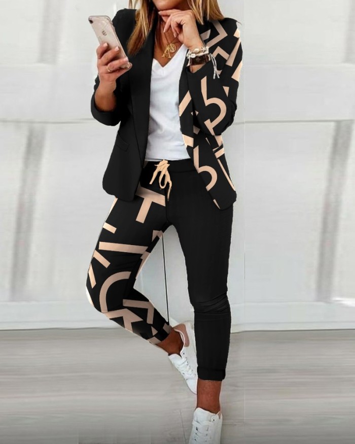 Casual Turndown Collar Professional Blazer and Pants Suit
