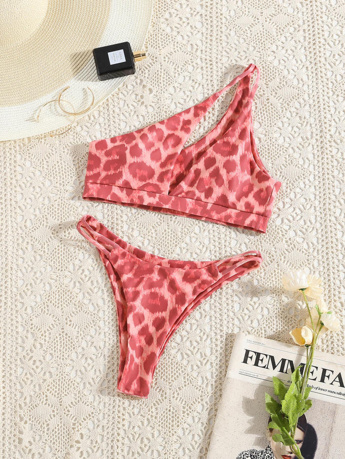 Pink Leopard Print Bikini With Straps