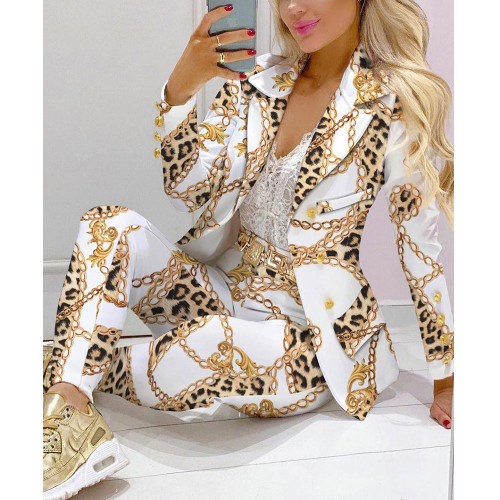 Printing Turndown Collar Professional Blazer and Pants Suit