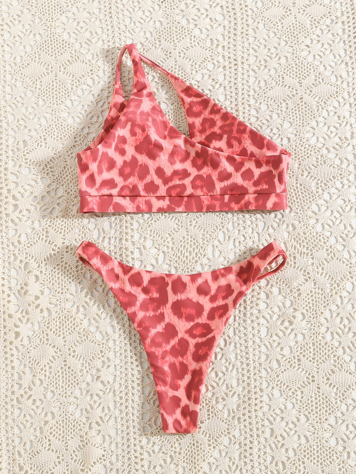 Pink Leopard Print Bikini With Straps