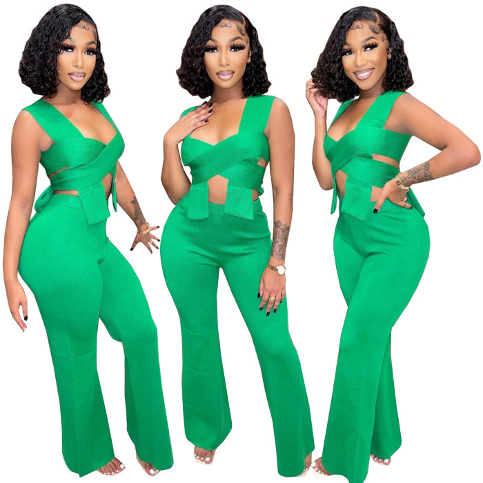 Sexy Women's Tracksuit Halter Neck Twist Crop Tops and Straight Pants Suit Matching Two 2 piece sets womens outfits