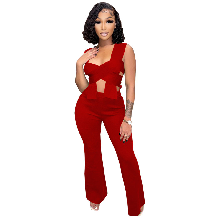 Sexy Women's Tracksuit Halter Neck Twist Crop Tops and Straight Pants Suit Matching Two 2 piece sets womens outfits