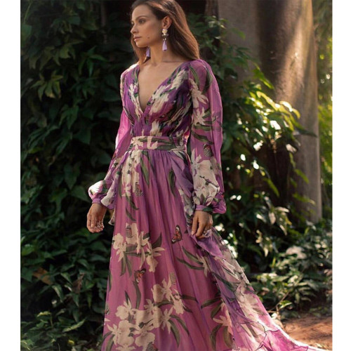 Purple V-Neck Long Sleeve Printed Maxi Dress