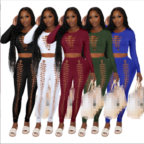 Cutting Hollow Out Tight Two Piece Pants Set