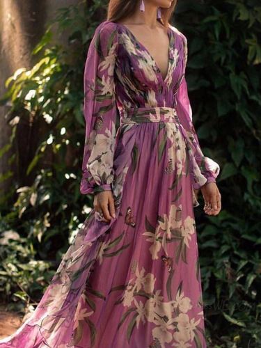 Purple V-Neck Long Sleeve Printed Maxi Dress