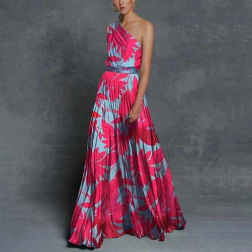 Women's Fashion One Shoulder Floral Print Smocked Waist Maxi Dress