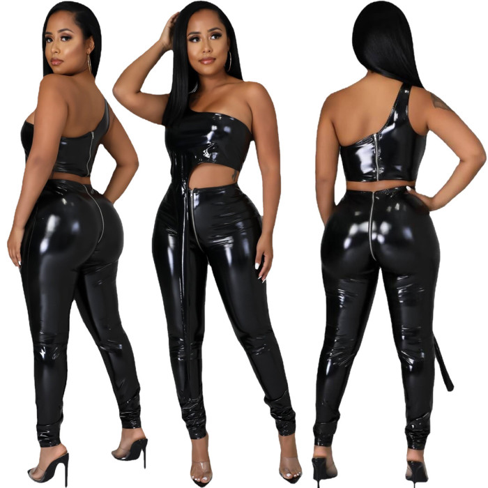 Faux Leather Sexy Tube Top 2 Piece Pant Set