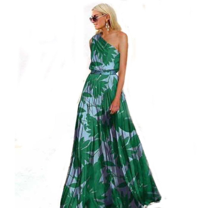 Women's Fashion One Shoulder Floral Print Smocked Waist Maxi Dress